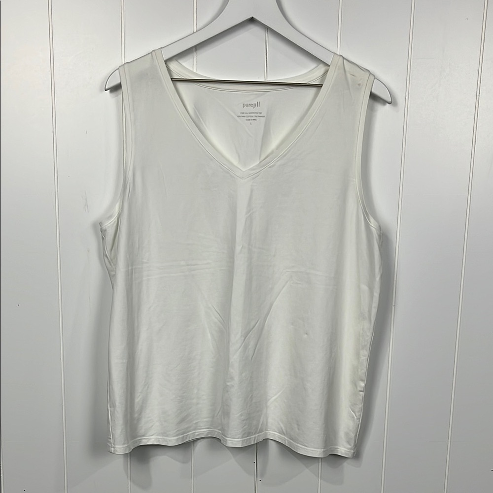 Pure Jill Womens Tank/Tunic L White Pullover Sleeveless Vneck 95% Cotton Stretch